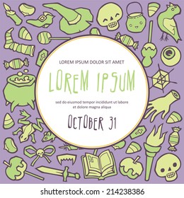 Halloween stuff vector invitation template - pumpkins, skulls, spiders, candy - a lot of different thing.