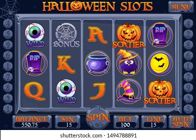 Halloween style Casino slot machine game. Complete Interface Slot Machine, buttons and icons on separate layers. Background for slots game.