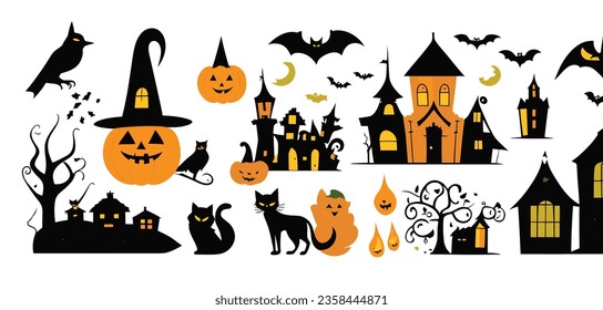 halloween style illustration,pumpkin head, dead trees,medieval abandoned house,bat, wizard hat,spider web, yellow moon