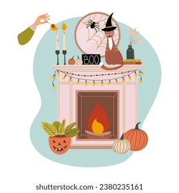 Halloween style interior. Fireplace decorated for holiday. Female hand is sparking off candles. Halloween room decoration. Flat style vector illustration.
