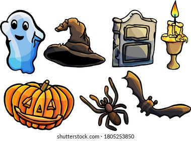 Halloween style items set, cartoon style, for kids, autumn, october, halloween, pumpkin, witch hat, grave, funny ghost, spirit, vision, bat, spider, tarantula, orange, candle, candlestick, mystic, wax