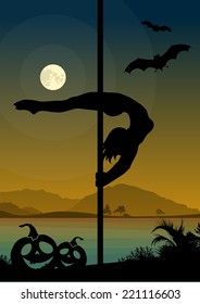 Halloween Style Pole Dancer if front of Night Scenery