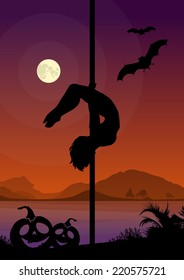 Halloween style pole dancer performing pole moves in front of river and full moon at night black vector silhouette