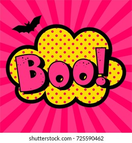 Halloween style pop art icon BOO, exploding over pink background. 