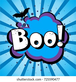 Halloween style pop art icon BOO, exploding over blue background. 