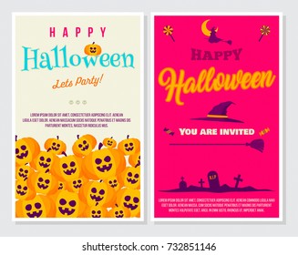 Halloween Style Poster Vector illustration ideal for Flyer Party invitation Text and Menu with New Futuristic Flat Style Modern Fashion Design, Pumpkin, Graveyard, Witch hat and Broom