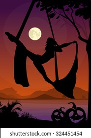 Halloween Style Silhouette of Air Gymnast . Black vector silhouette of female aerial silks performer in front of river and full moon at night.