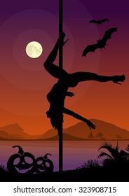 Halloween Style Silhouette of Pole Dancers. Black vector silhouette of female pole dancer performing pole moves in front of river and full moon at night.