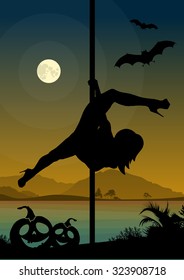 Halloween Style Silhouette of Pole Dancers. Black vector silhouette of female pole dancer performing pole moves in front of river and full moon at night.