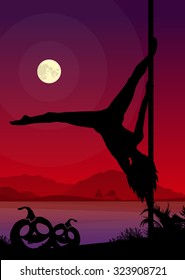 Halloween Style Silhouette of Pole Dancers. Black vector silhouette of female pole dancer performing pole moves in front of river and full moon at night.