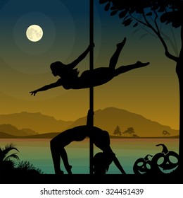 Halloween Style Silhouette of Pole Dancers. Black vector silhouette of female pole dancer performing pole moves in front of river and full moon at night.