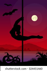 Halloween Style Silhouette of Pole Dancers. Black vector silhouette of female pole dancer performing pole moves in front of river and full moon at night .