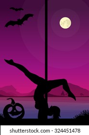 Halloween Style Silhouette of Pole Dancers. Black vector silhouette of female pole dancer performing pole moves in front of river and full moon at night.