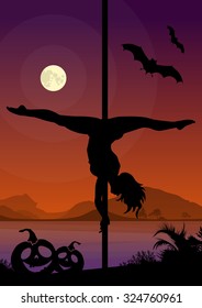 Halloween Style Silhouette of Pole Dancers. Black vector silhouette of female pole dancer performing pole moves in front of river and full moon at night.