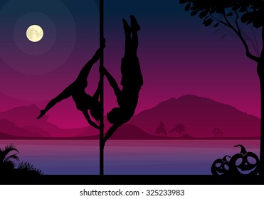 Halloween Style Silhouette of Pole Dancers. Black vector silhouette of male and female pole dancer performing duo tricks in front of river and full moon at night.