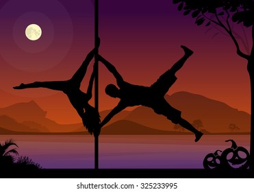 Halloween Style Silhouette of Pole Dancers. Black vector silhouette of male and female pole dancer performing duo tricks in front of river and full moon at night.