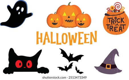 Halloween Style Text  with Ghost ,Hat,Bat,Cat,and Orange Pumpkin Icons etc