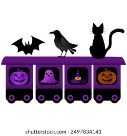 Halloween style train, pumpkin, cute little ghost, witch hat, cat shadow, crow shadow, bat