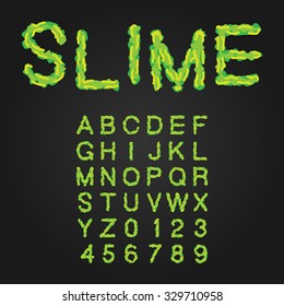 Halloween Style Typeface. Green Slime. Uppercase Letters And Numbers. Latin Alphabet. Vector.