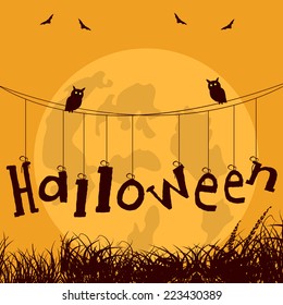 Halloween stylish text hanging on rope and owls sitting on rope for Halloween party celebration poster design.