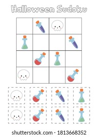 Halloween sudoku game for preschool children. Educational activity worksheet. Cute cartoon skull and elixirs potions.