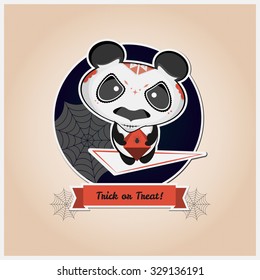 Halloween Sugar Skull Spooky Panda Badge. Cute Vector Bad Wizard Cartoon Character Holding Spider Prism Object. Red Trick or Treat Ribbon. Sticker Style. 