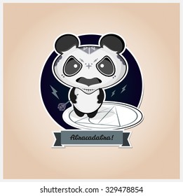 Halloween Sugar Skull Spooky Panda Badge. Cute Vector Bad Wizard Cartoon Character Holding Magic Wand. Grey Abracadabra Ribbon. Sticker Style. 