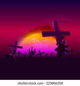 Halloween sunrise scene with grave and hand,Vector holiday idea concept