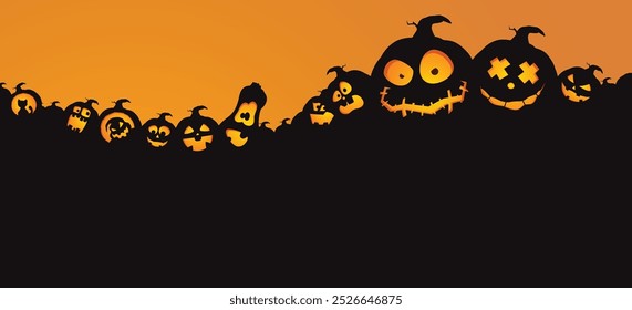 halloween sunset banner with lot of pumpkins