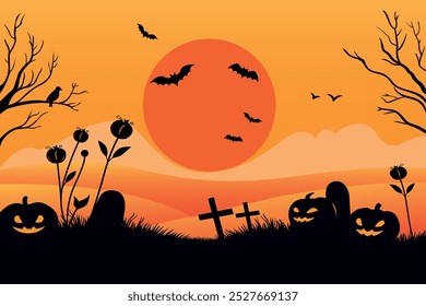 Halloween sunset evening time with flying bats pumpkins graveyard casting shadows.