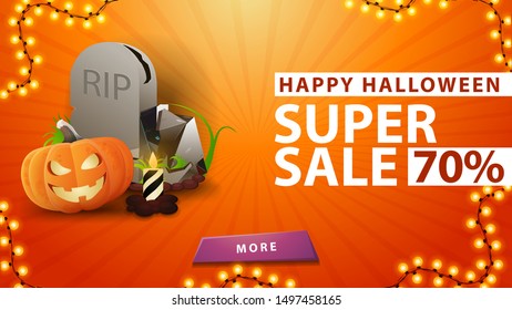 Halloween super sale, up to 70% off, orange banner with tombstone and pumpkin Jack