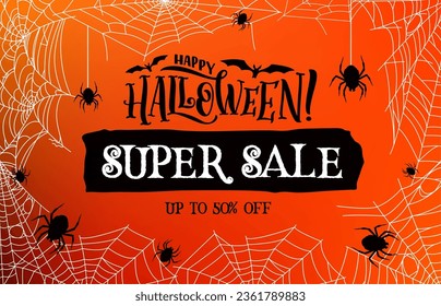 Halloween Super-Banner mit schwarzen Spinnen und Cobweb. Vektorförderhintergrund für Herbsturlaubsrabatt. Werbekarte mit gruseligen Fledermäusen und unheimlichen Arachnids, die auf Spinnennetzen krabbeln