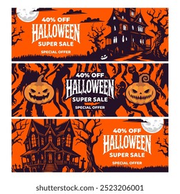 Halloween Super Sale Banners with Pumpkin and Castle