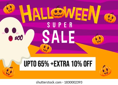 Halloween Super sale Promotion Background with Jack o lanterns and ghost with speech bubble Boo