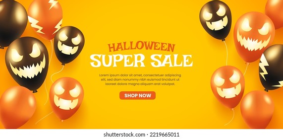 Halloween Super Sale Promotion Discount Banner with 3d Ghost Ballon