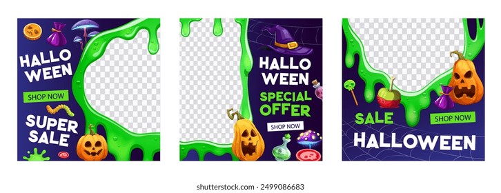 Plantillas de Anuncio de la venta estupenda de Halloween y de la oferta especial con los marcos verdes de la baba, fondos del Vector. Calabazas espeluznantes espeluznantes de las vacaciones de Halloween y dulces del truco o de la golosina para la venta de la promoción del descuento