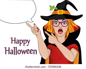 Halloween. Surprised girl in glasses and hat witch costume. Wow. I'm shocked. Vector. He points his finger at the thinking bubble. Free place for advertising. Sale and Discounts.
