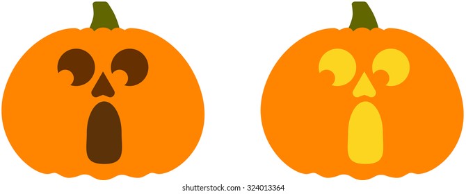 Halloween surprised pumpkin vector icons set, Emotion Variation. Simple flat style design elements. Set of silhouette spooky horror images of pumpkins. Scary Jack-o-lantern facial expressions. 