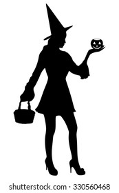 Halloween Surprised Witch with a magic Pumpkin. Beautiful young woman in witches hat and costume holding carved Jack lantern pumpkin. Halloween art design
