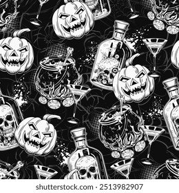 Halloween surreal pattern with glass bottle with poison, skull inside. Witch cauldron with bubbling potion, pumpkin head. Silhouette of spider behind. Witchy, devilry illustration. Vintage style