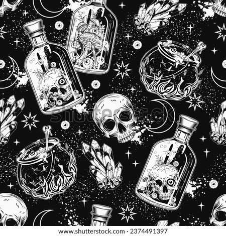 Halloween surreal pattern with glass bottle of poison with human skull. Magic crystals, witch cauldron, sparks, stars, moon. Witchy, mystical, surreal illustration. Not AI
