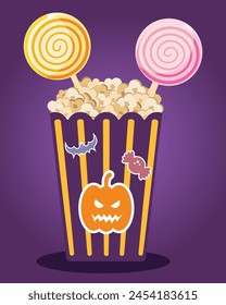 Halloween sweet box with candy and popcorn.