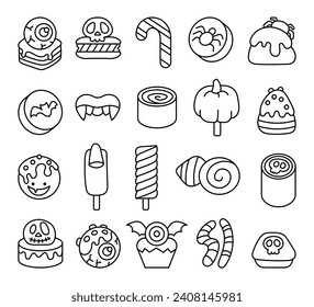 Halloween sweet candies. Coloring Page. Party food. Hand drawn style. Vector drawing. Collection of design elements.