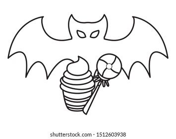 halloween sweet candies and cupcake with bat fliying vector illustration design