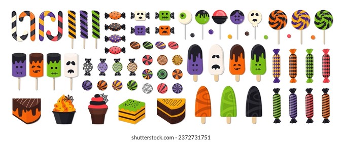 Halloween Sweet Candies, Desserts and Ice Cream Vector Set. Collection of Spooky Monster Sweets, Lollipops, Gumballs, Sugar Caramel, and Twisted Marshmallows.
