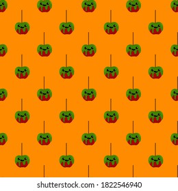 Patrón de Apple dulce de Halloween. Vector al estilo de las caricaturas Kawaii. Trick lindo o trata los símbolos festivos. Graciosa ilustración para tela, textil, postales, carteles, fondos y papeles.