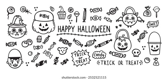 Conjunto de contorno de doodle de dulce de Halloween. Línea de caramelos dibujados a mano. Dibujando dulces. Ilustración vectorial