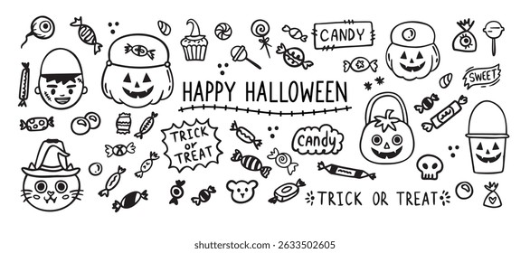 Halloween sweet candy doodle outline set. Line hand drawn candies. Drawing sweets. Vector illustration