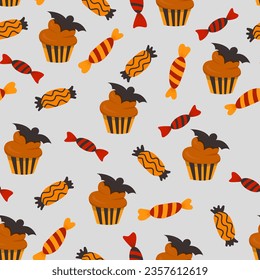 Halloween sweet candy pattern. sweet candies, scary bat lollipop and sweets. Vector Image.