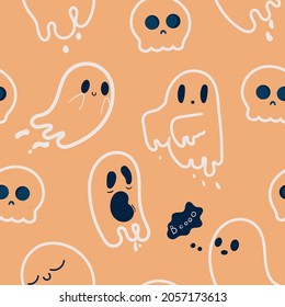 Halloween sweet candy seamless pattern background.Endless background with pumpkins, skulls, spiders, ghosts, bones, candy, cobwebs.Vector illustration for design, fabric or wrapping paper.